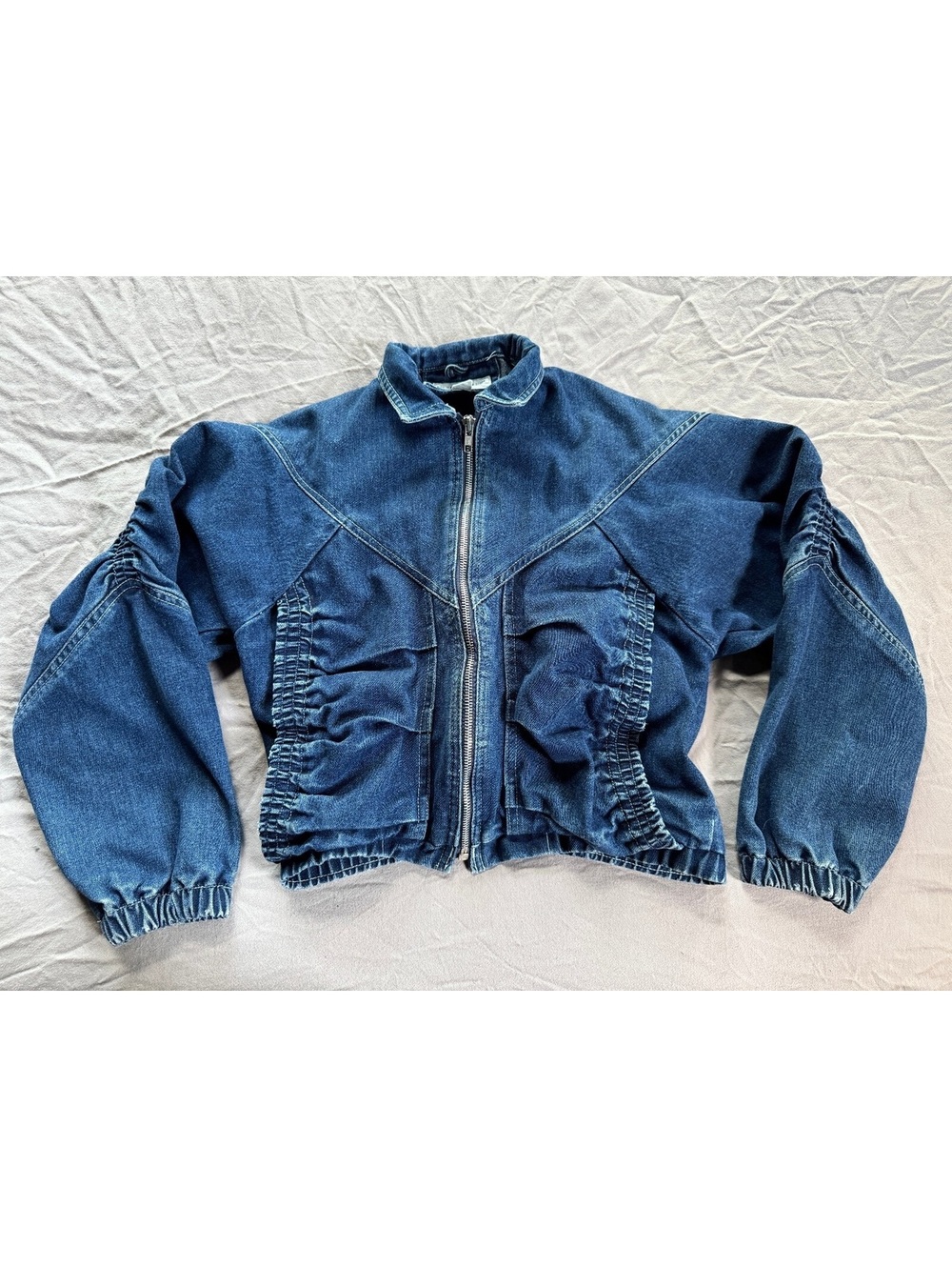 Vintage 80s 90s Kids Denim Bomber Jacket Ruched Girbaud Style Youth Medium 10/12